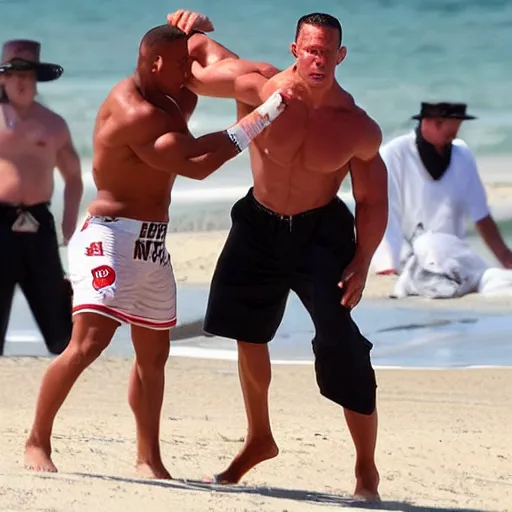 Image similar to John Cena fights Will Smith on the beach