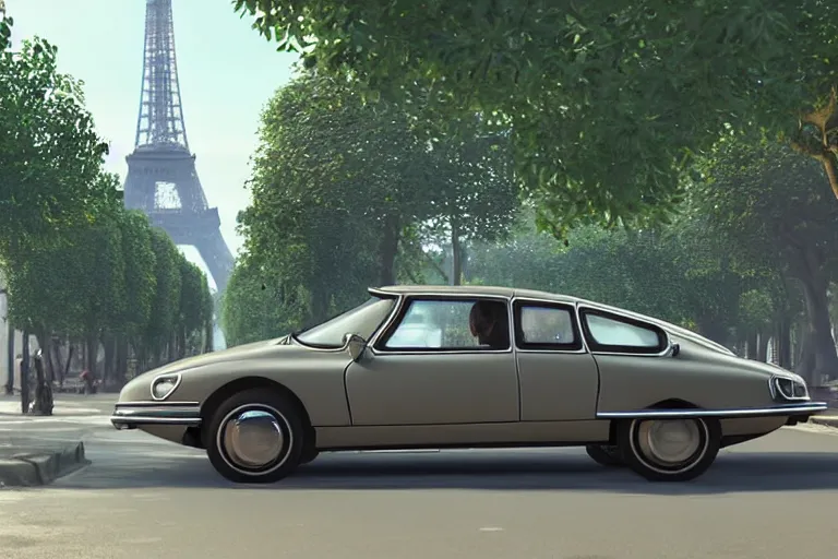 Image similar to a wholesome beautiful animation key shot of!! one!! focused!! 1 9 7 4 citroen ds!! in a tree lined paris street, slight view of eiffel tower, medium shot, studio ghibli, ( pixar ) and disney animation, sharp, very detailed, high resolution, rendered in unreal engine 5, anime key art by greg rutkowski, bloom, dramatic lighting