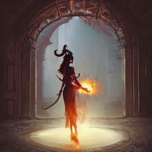 Prompt: A female tiefling, stepping through a flaming magical portal from another dimension into a palace courtyard, dramatic lighting, fantasy art by Greg Rutkowski