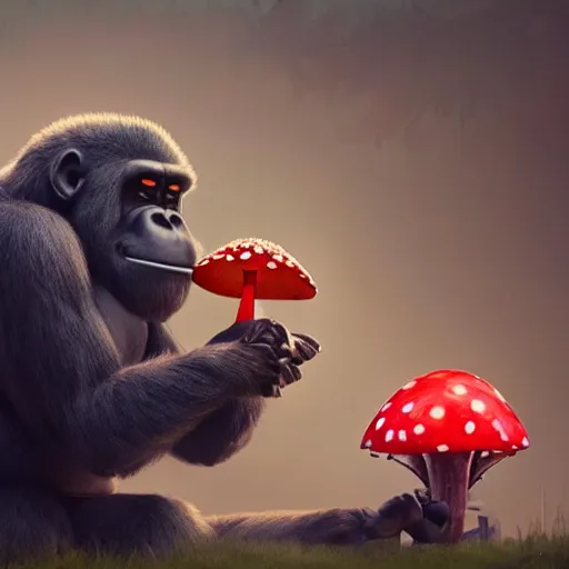 Image similar to a wholesome animation key shot of a small gorilla holding a amanita muscaria, chilled out smirk on face, listening to music, jeep in background, studio ghibli, pixar and disney animation, sharp, rendered in unreal engine 5, anime key art by greg rutkowski, bloom, dramatic lighting