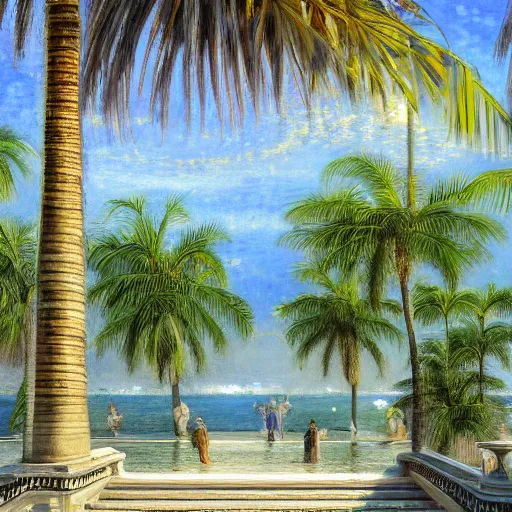 Image similar to a ultradetailed beautiful painting of the amazonas palace balustrade designed by jules bastien - lepage, hans belmer, frank weston and gustave baumann, beach, trending on artstation, mediterranean, palm trees, refracted color sparkles, sharp focus, soft light, 8 k 4 k