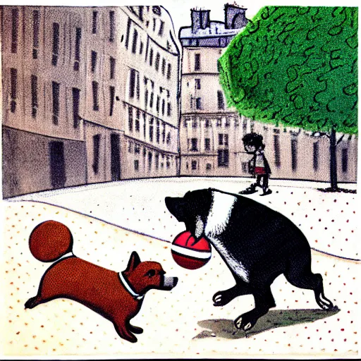 Image similar to book illustration of a french boy on the streets of paris playing football against a corgi, the dog is wearing a polka dot scarf, 1 9 6 6