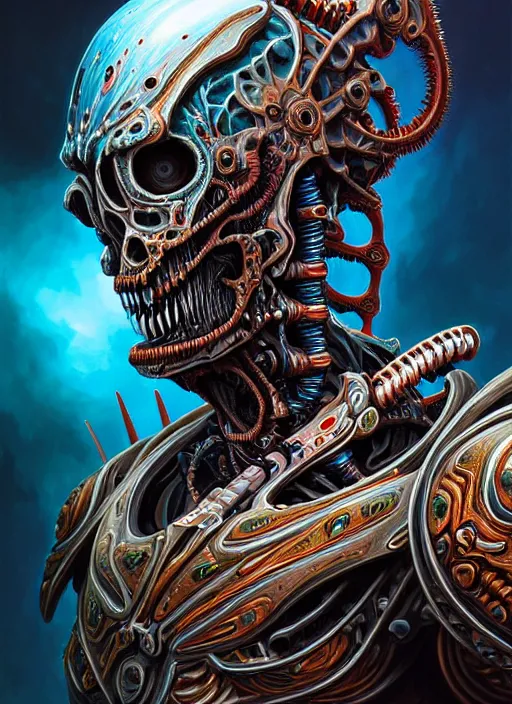 Image similar to hyper detailed ultra sharp painting of a undead biomechanical warrior trance man. trending on artstation, warpaint aesthetic, earthwave, colorful, psychedelic, ornate, intricate, digital painting, concept art, smooth, sharp focus, illustration, art by artgerm and greg rutkowski and h. r. giger, 8 k