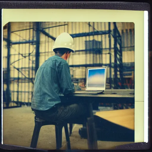 Image similar to a polaroid photo of man using a laptop inside in warehouse, he sitting on chair and small table, he's wearing blue cloth and construction hat, behind him is a very scary monster watching him work, photo from behind, highly details, perfect face shape, cinematic lighting,