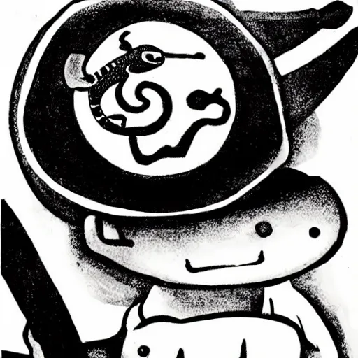 Prompt: Portrait of a gecko wearing a train conductor's hat and holding a flag that has a yin-yang symbol on it. Chinese ink.