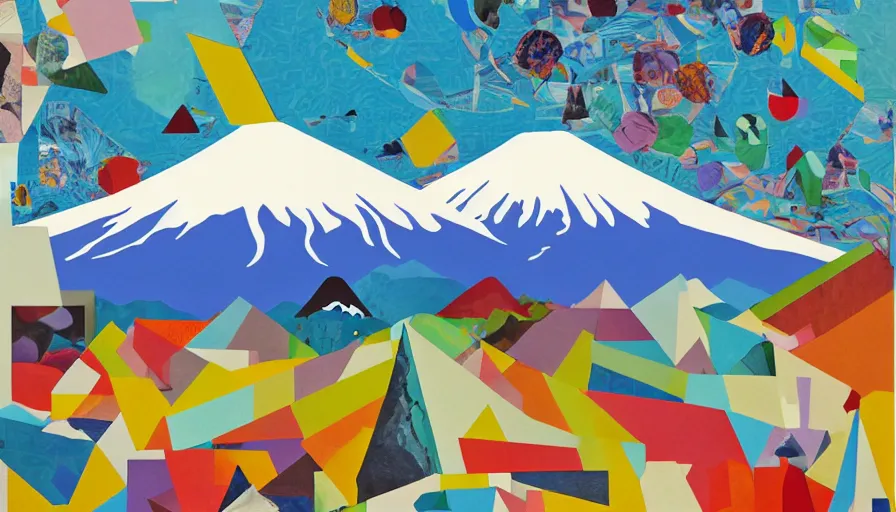 Image similar to award winning graphic design poster, cutouts constructing an contemporary art depicting a lone mount fuji in the distance behind a mountain range isolated on white, rural splendor, and bountiful crafts, local foods, edgy and eccentric abstract cubist realism, composition confined and isolated on white, mixed media painting by Leslie David and Lisa Frank for juxtapose magazine