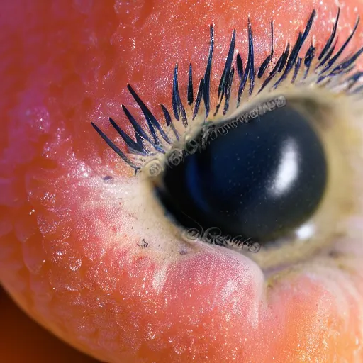 Image similar to a female peach with eyelashes and long legs walking on the beach, macro photo, highly detailed