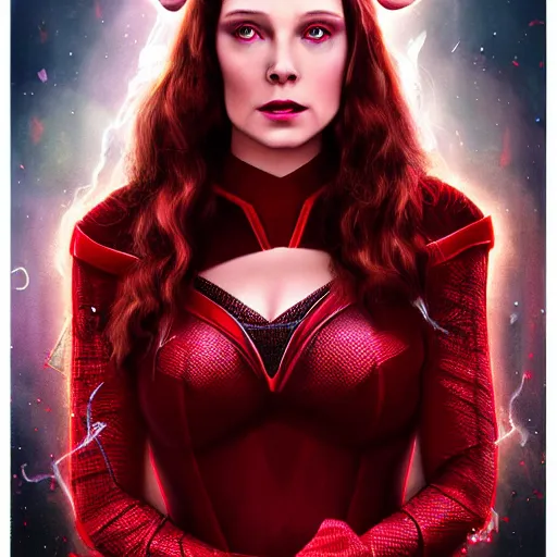 Image similar to A portrait of elizabeth as scarlet witch with horns, cinematic, digital art, amazing detail