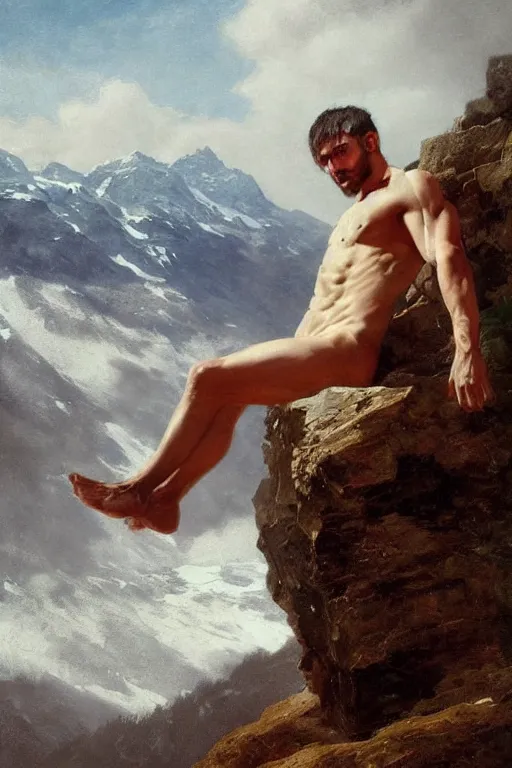 Prompt: a homoerotic portrait by greg rutkowski and albert bierstadt and bill ward of a shirtless desi hiker on a mountain peak wearing a revealing tartan kilt | background is snowy mountains and clouds | detailed face, ethereal, dreamlike | trending on artstation