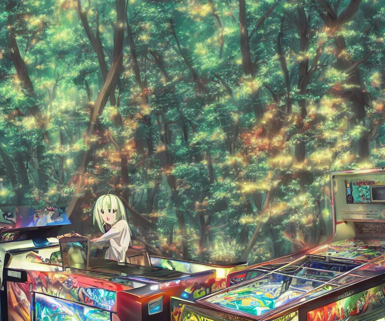 Prompt: pinball machine in a forest, anime fantasy illustration by tomoyuki yamasaki, kyoto studio, madhouse, ufotable, comixwave films, trending on artstation