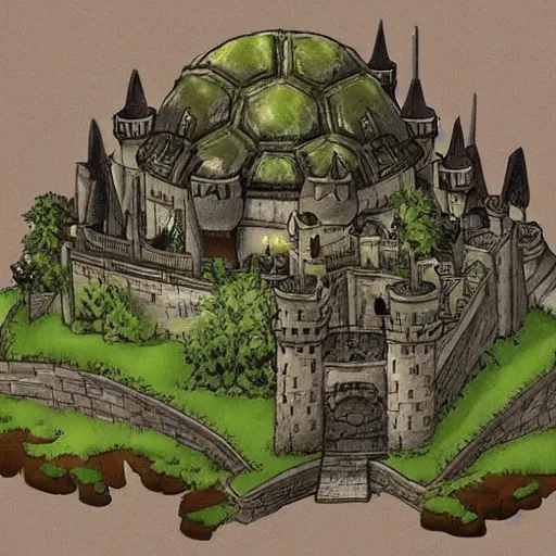 Image similar to large castle on top of a giant tortoise similar to howls moving castle, kaiju, mortal engine, fantasy, hyper detailed, realistic