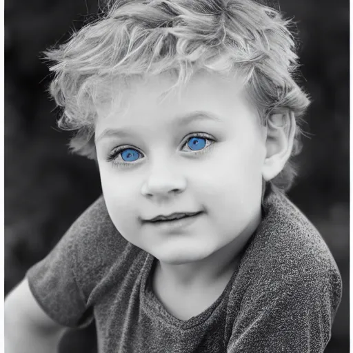 Image similar to pencil drawing of a toddler boy with curly light blond hair and blue eyes, photography, realistic