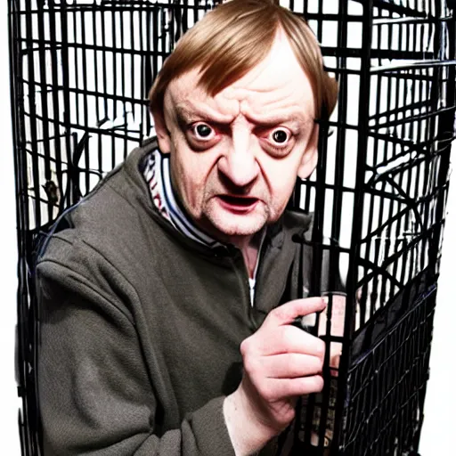 Prompt: mark e smith in a small cage at the pet store, the cage has for sale tag, 4 k