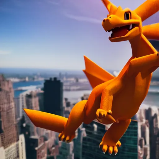 Image similar to charizard flying above new york, videogame still, portrait, 4 0 mm lens, shallow depth of field, close up, split lighting, cinematic