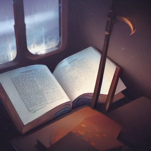 Prompt: a haunted book with glowing pages laying on the seat of a subway train, by Raphael Lacoste, Makoto Shinkai, 4k, trending on artstation, rendered in unreal engine