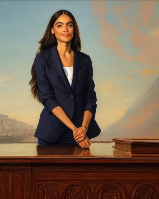 Image similar to close - up portrait of the united states president, alexandria ocasio - cortez, standing at the resolute desk, 2 0 2 4, painting, oil on canvas by william sidney mount, trending on artstation, national archives