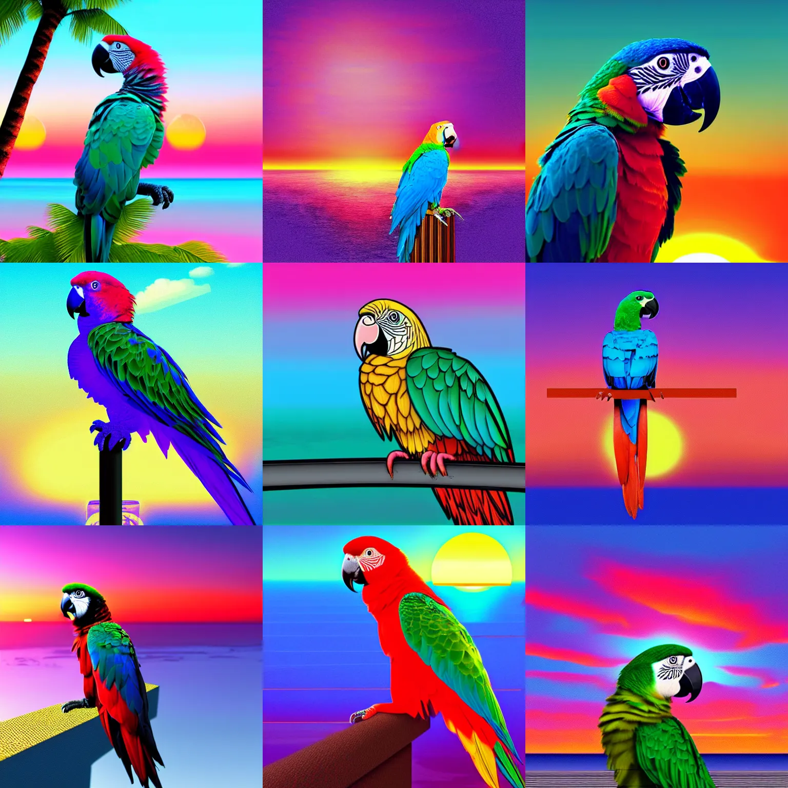Prompt: lonely parrot looking at the vaporwave sunset, hyperrealistic, digital art, extremely high detail