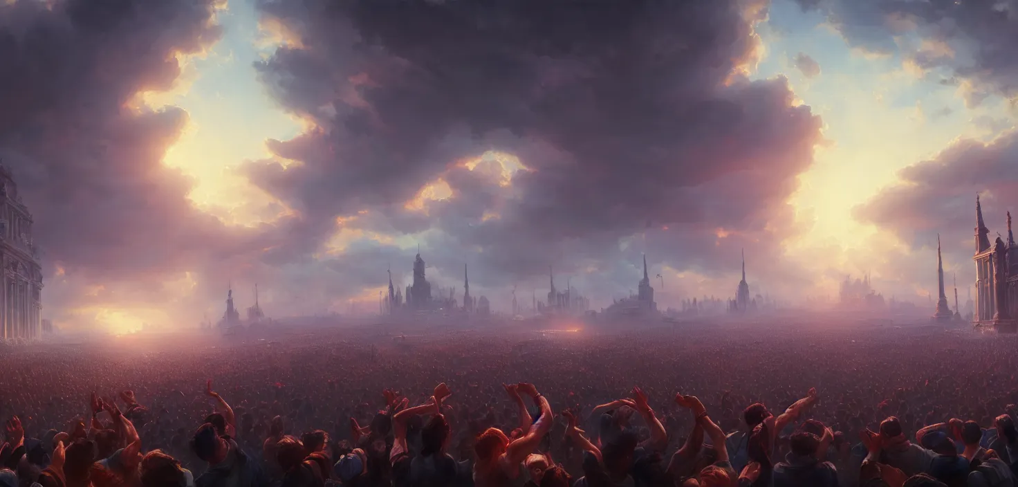 Image similar to painting of a crowd with raised arms pointing towardб demonstration, cinematic view, epic sky, detailed, concept art, low angle, high detail, warm lighting, volumetric, godrays, vivid, beautiful, trending on artstation, by jordan grimmer, huge scene, art greg rutkowski