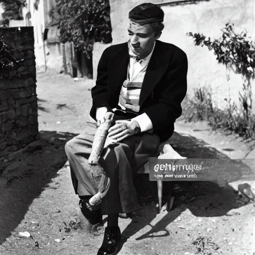 Prompt: a frenchman with a baguette and a bottle of wine in 1 9 5 0