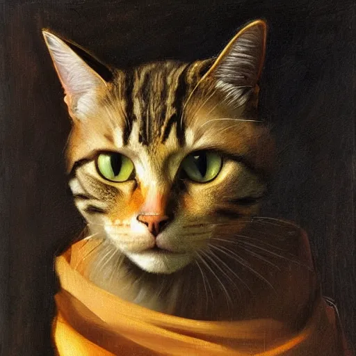 Image similar to a cat, dmitry spiros, leonardo da vinci, jacques - louis david, johannes vermeer, 8 k, wide angle, trending on artstation,