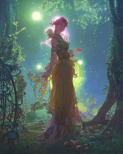 Image similar to girl in solarpunk fantasy village, evening, 4 k, ultra realistic, detailed, epic lighting, starry sky, magical, glowing forest, mushrooms, machines, high detail, masterpiece, trending on artstation by artgerm and akihito tsukushi and alphonse mucha