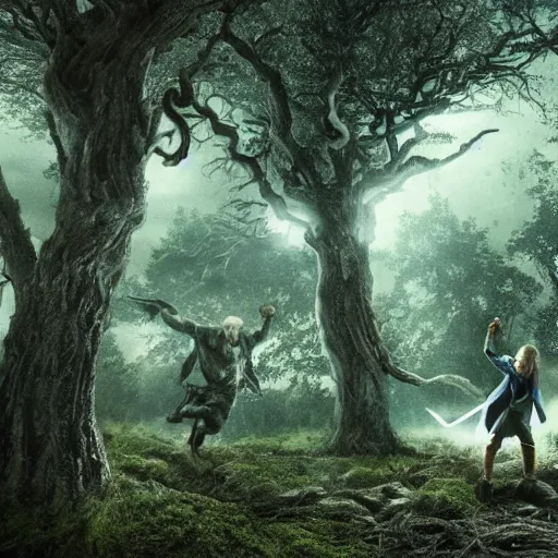 Prompt: Harry Potter fights Thor in a dark forest, 4k, highly detailed, photorealistic