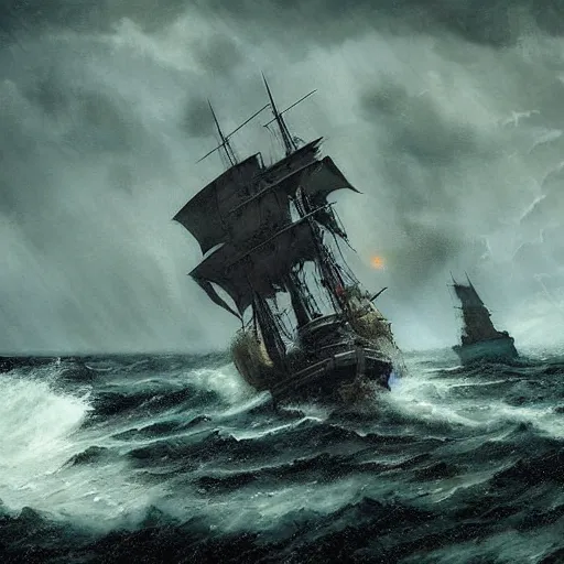 Prompt: Pirate ship with black sails in a stormy ocean with huge waves, cloudy dark sky, rays of god, by greg rutkowski, detailed, cinematic, intricate, epic