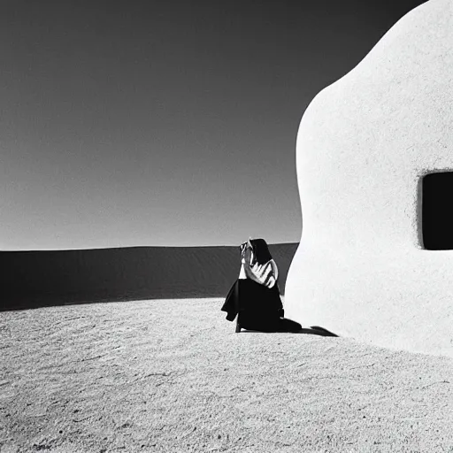 Image similar to lustful woman standing outside a Non-Euclidean orb-like clay house sitting in the desert and looking at her phone, vintage photo, beautiful cinematography, blue sky, film grain, James Turrell