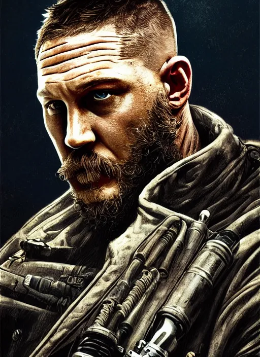 Prompt: portrait of Tom Hardy as a mechanic character in Mad Max: Fury Road, looking at camera, intricate, dystopian, sci-fi, extremely detailed, digital painting, artstation, concept art, smooth, sharp focus, illustration, soft lighting, incredible art by artgerm and greg rutkowski and alphonse mucha and simon stalenhag