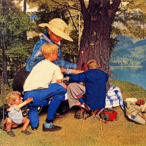 Image similar to painting of a blonde boy with blue eyes and his mother and father, fishing next to a high lake in Switzerland, forest, tent, golden hour, by Norman Rockwell,