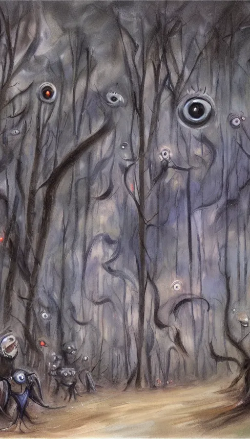 Prompt: a storm vortex made of many demonic eyes and teeth over a forest, by emilia wilk