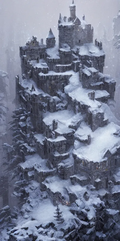 Prompt: a abandoned castle on the top of a snowy mountain, greg rutkowski, 8 k, shallow depth of field, intricate detail, concept art,