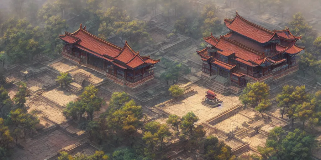 Image similar to magnificent chinese immortal palace, mineral color painting, concept art, dreamy, render by octane and blender, hyper realistic, cinematic lighting, unreal engin 5, by krenz cushart, 8 k, vray render, artstation, deviantart