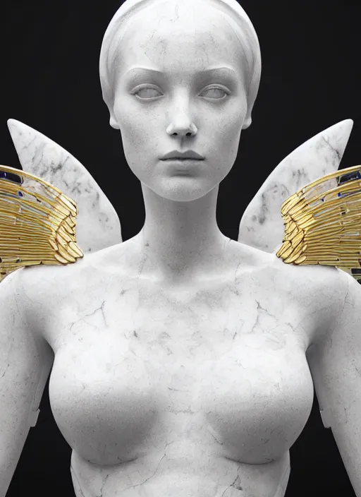 Image similar to a statue made of white marble with gold veins, of an tempting gorgeous futuristic cybernetic angel girl, prostheses, transhumanism, full body shot, perfect symmetrical body, perfect symmetrical face, hyper realistic, hyper detailed, by johannen voss, by peter kemp, by monia merlo, by michelangelo, octane render, blender, 8 k