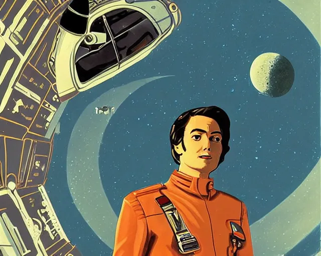 Image similar to a portrait of Alain Delon pilot in spacesuit posing on field forrest spaceship station landing laying lake artillery outer worlds shadows in FANTASTIC PLANET La planète sauvage animation by René Laloux