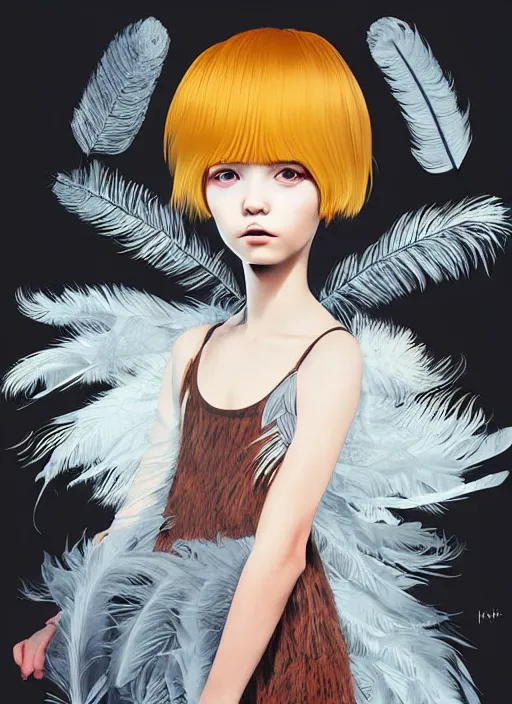 Image similar to little girl with an eccentric haircut wearing an dress made of feathers, artwork made by ilya kuvshinov, full character