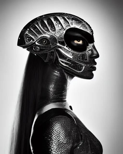 Image similar to a profile portrait, a stunning young woman - cyborg with a mutant crow head, editorial photography, bw, shot on 7 0 mm, depth of field, f / 2. 8, high contrast, 1 6 k, volumetric lighting, shiny, insanely detailed and intricate, hypermaximalist, elegant, ornate, hyper realistic, super detailed