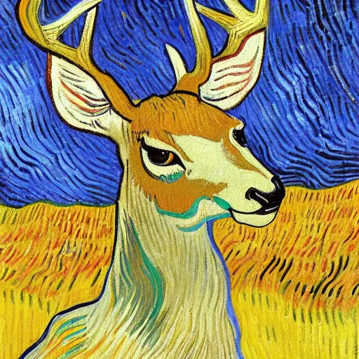 Prompt: deer writing a book painted by vincent van gogh
