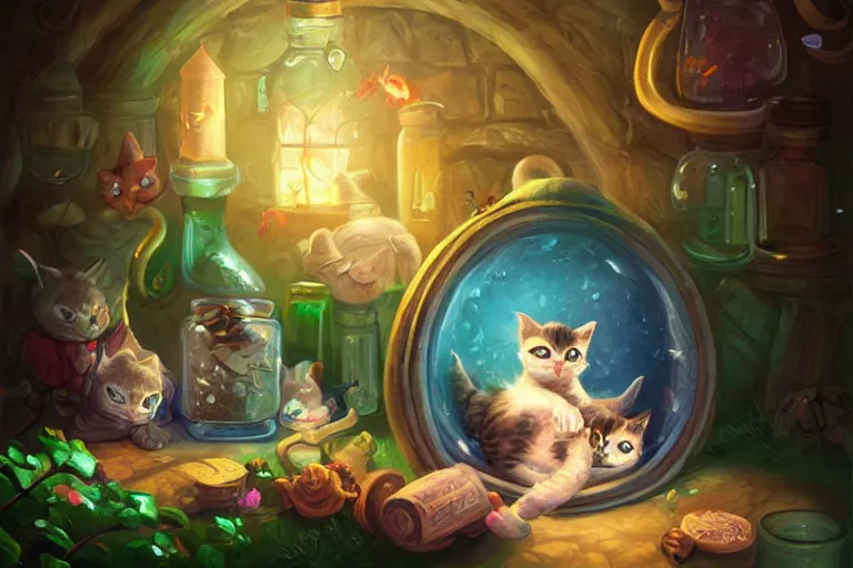 Prompt: adorable kitten curled up asleep amidst potion bottles, 8k resolution matte fantasy painting, warm lighting, bokeh, DeviantArt Artstation, by Lisa Ravenscroft and Ross Tran and Lisa Frank and Tony DiTerlizzi