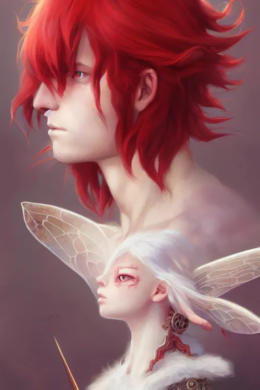 Image similar to young fairy prince, red hair, white eyes, highly detailed, d & d, fantasy, highly detailed, digital painting, trending on artstation, concept art, sharp focus, illustration, art by artgerm and greg rutkowski and fuji choko and viktoria gavrilenko and hoang lap