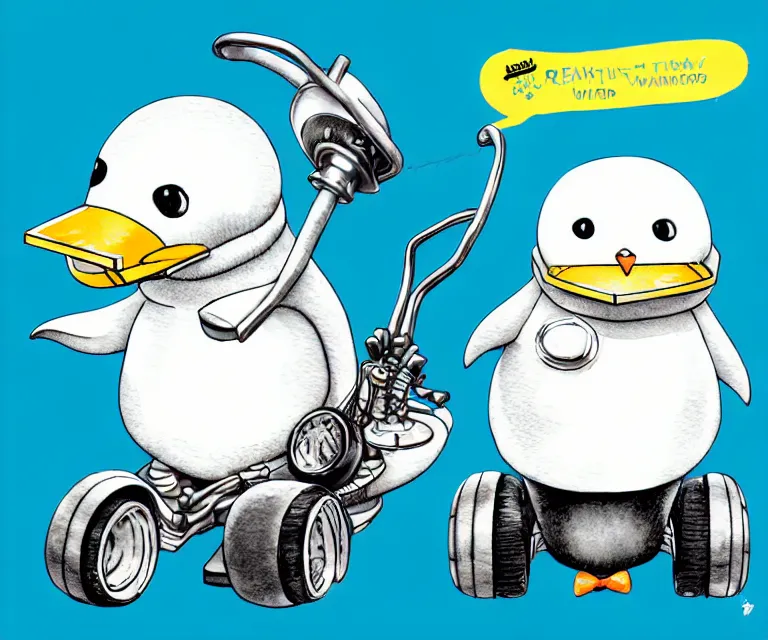 Image similar to cute and funny, penguin wearing a helmet riding in a tiny go kart with an oversized engine, ratfink style by ed roth, centered award winning watercolor pen illustration, isometric illustration by chihiro iwasaki, edited by range murata, tiny details by artgerm and watercolor girl, symmetrically isometrically centered, sharply focused