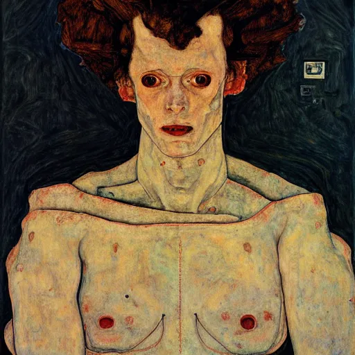 Image similar to portrait of an artificial intelligence by egon schiele in the style of greg rutkowski