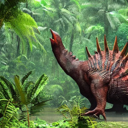 Image similar to giant spinosaurus walking through a tropical forest