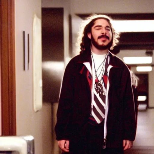 Image similar to a film still of Post Malone starring as Dewey Finn in School Of Rock (2003)