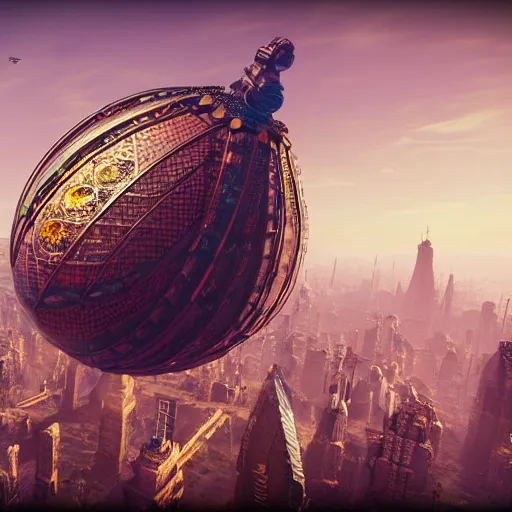 Image similar to enormous flying city in a faberge egg, sky, steampunk, fantasy art, masterpiece, unreal engine