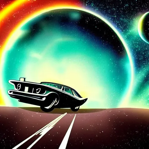 Image similar to 1960s car on a road in space driving towards a planet, synthwave