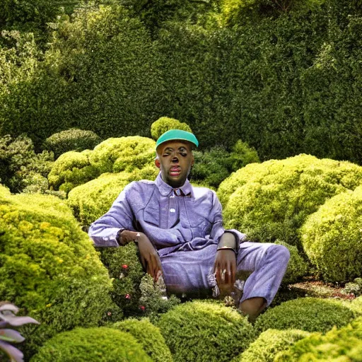 Image similar to A photo of Tyler the Creator sitting in the middle of a garden, 8K concept art, dreamy, garden, bushes, flowers, golden hour, vintage camera, detailed, UHD realistic faces, award winning photography, cinematic lighting