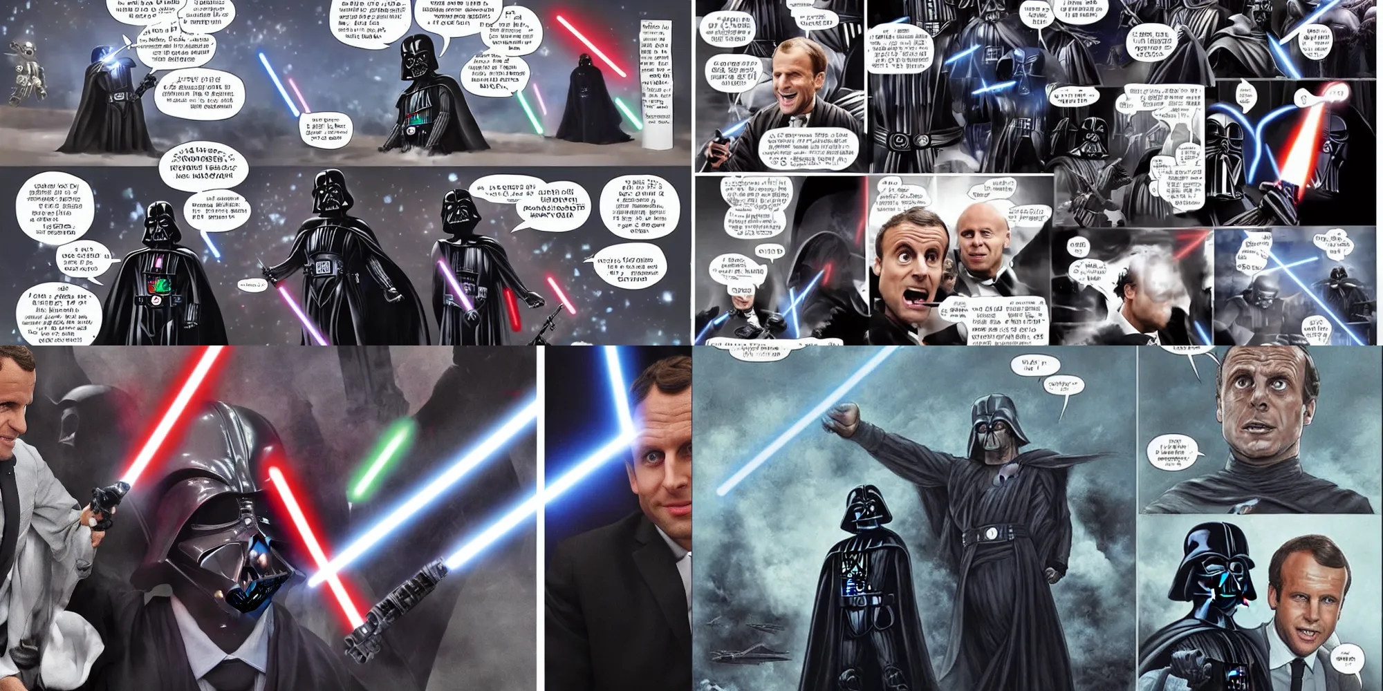 Prompt: Macron as a Jedi, fighting Darth Vader , epic , starwars scene,