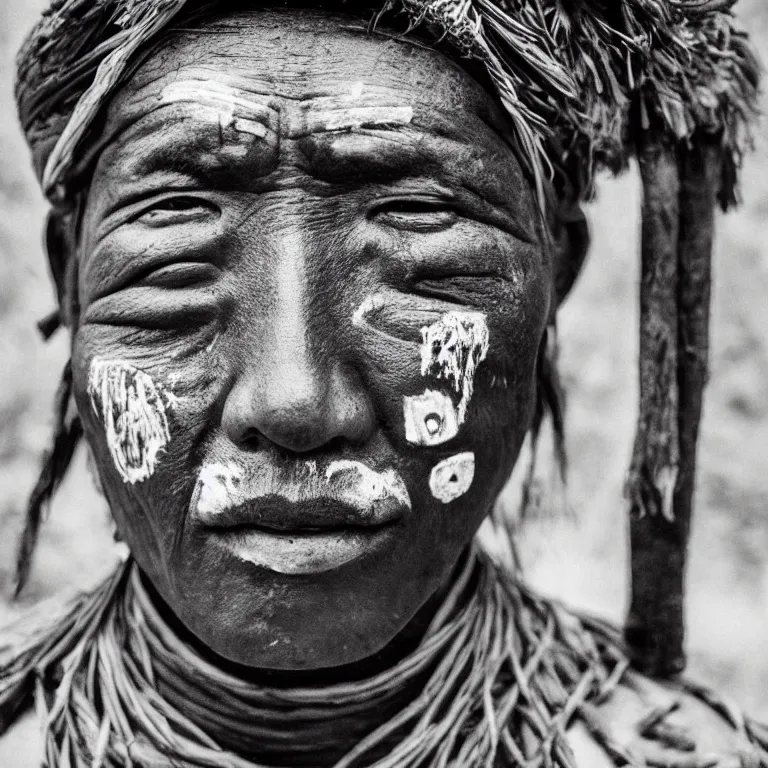 Image similar to realistic exposed expired fuji film portrait of a tribe leader with facial paintings and decorations, hyperrealism, hypermaximalism, photorealistic, detailed, atmospheric, 8 k, award winning photography, cinematic