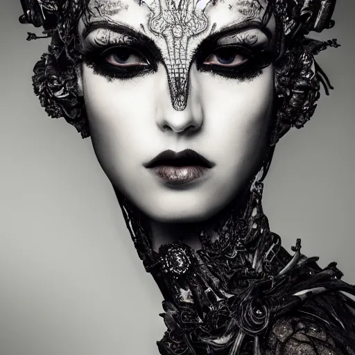 Image similar to a portrait of female model by stefan geselle and nekro borja, photorealistic, intricate details, hyper realistic, dark fantasy, ornate headpiece, dark beauty, photorealistic, canon r 3, photography, wide shot, photography, dark beauty, symmetrical features, wide angle shot
